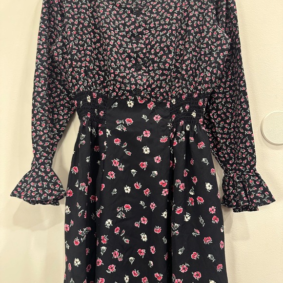 VTG 80s Lanz Originals Ditsy Floral Shirred Midi Dress Black Pink Chintz Cottage - Picture 4 of 13